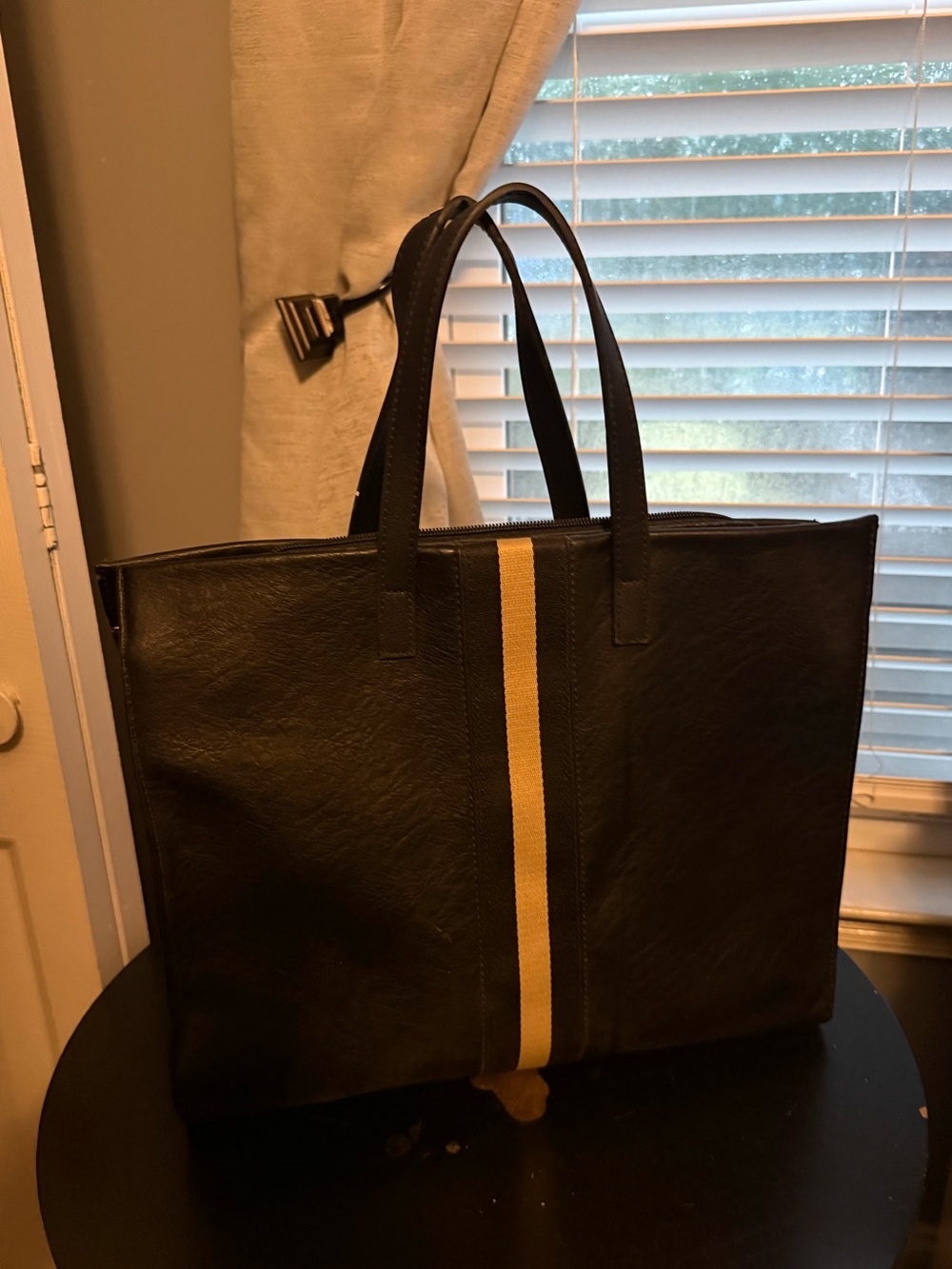 Moda Luxe Black Stripe Tote Bag Large Vegan Leather Zip Top Work Travel Purse